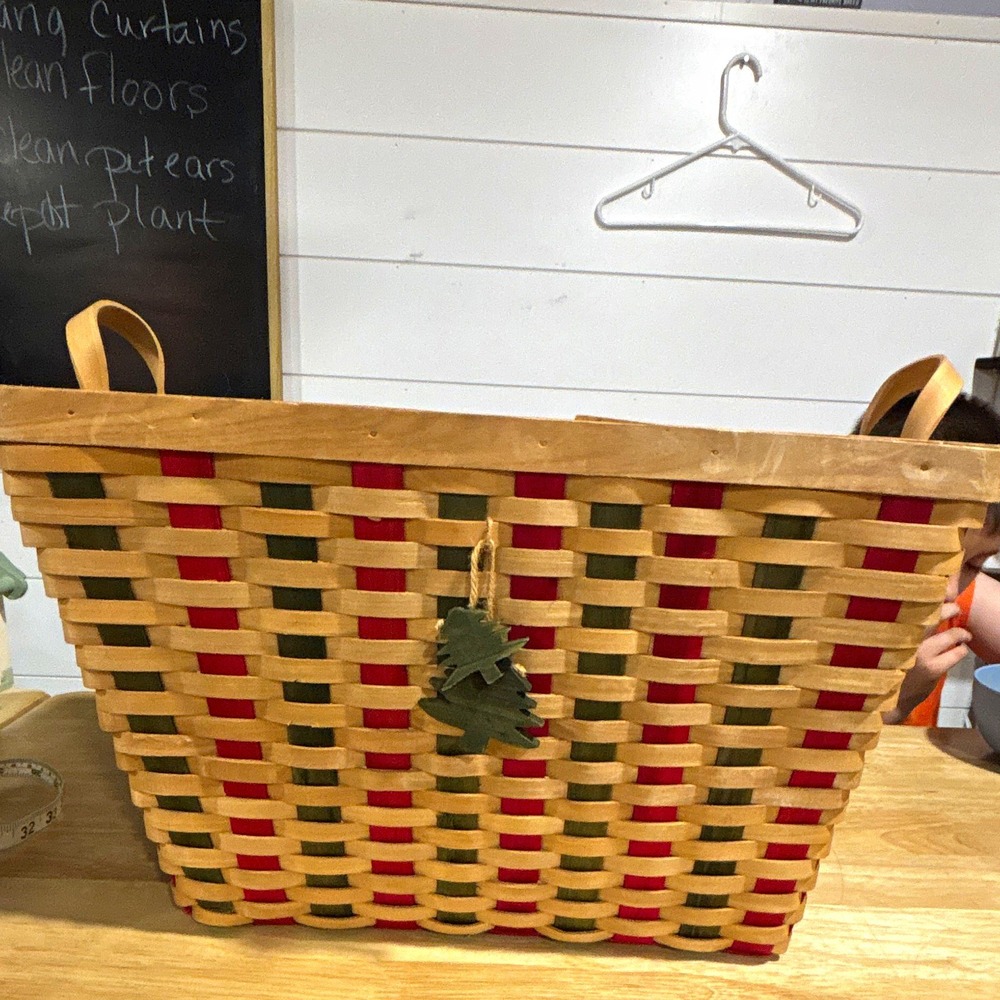 Rectangular Woven Wood Basket w/ Handles, Christmas Theme, Red & Green 16"x10"